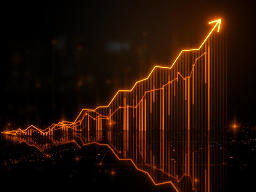 Abstract gold ascending analytics chart lines on a dark background