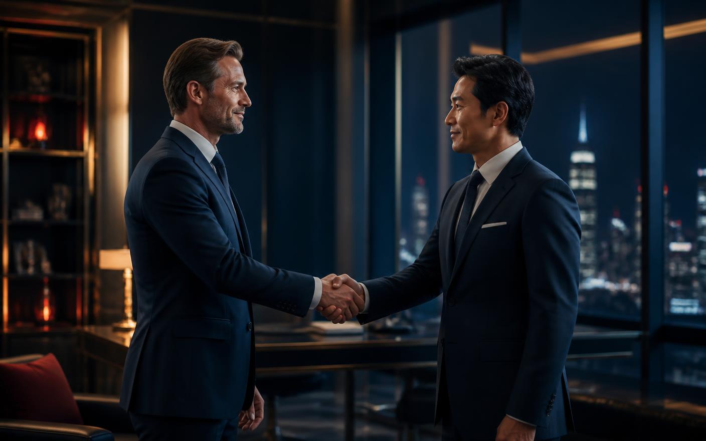 Two executives shaking hands across a dark premium boardroom at night