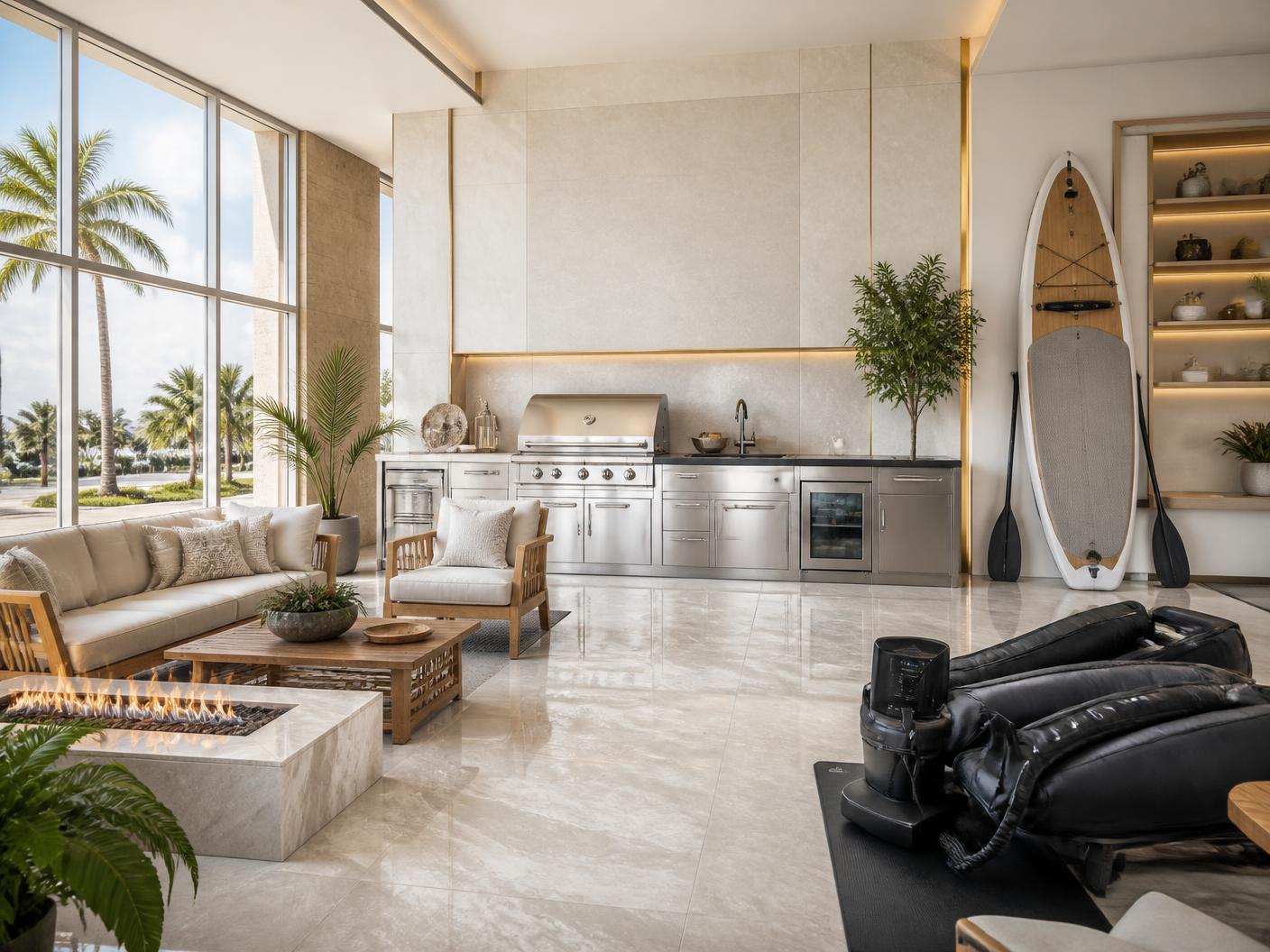 Bright premium showroom displaying a luxury outdoor kitchen, designer alfresco furniture, a paddleboard and recovery equipment