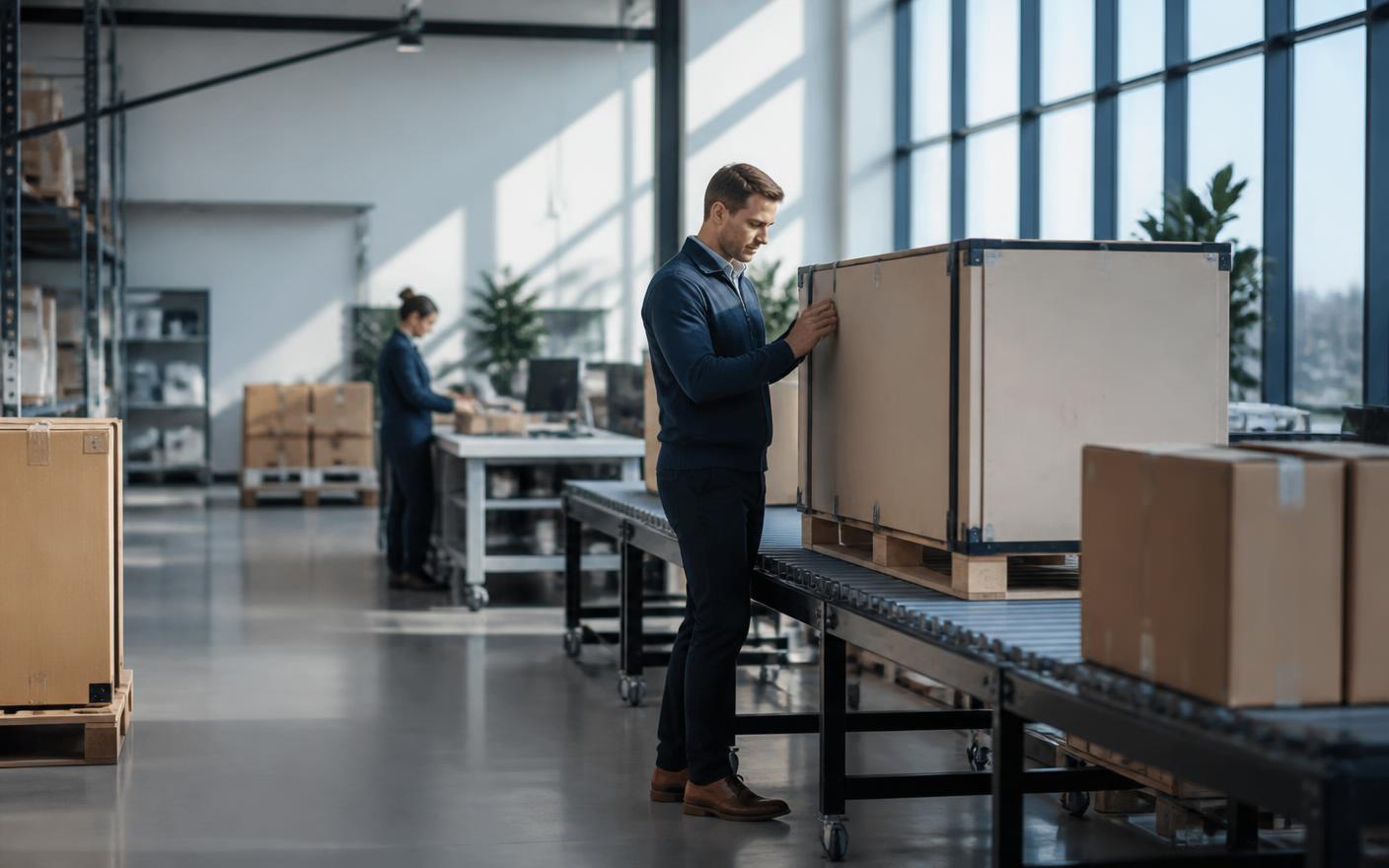 Bright premium logistics facility in natural daylight with large packages on a modern conveyor and staff inspecting dispatch