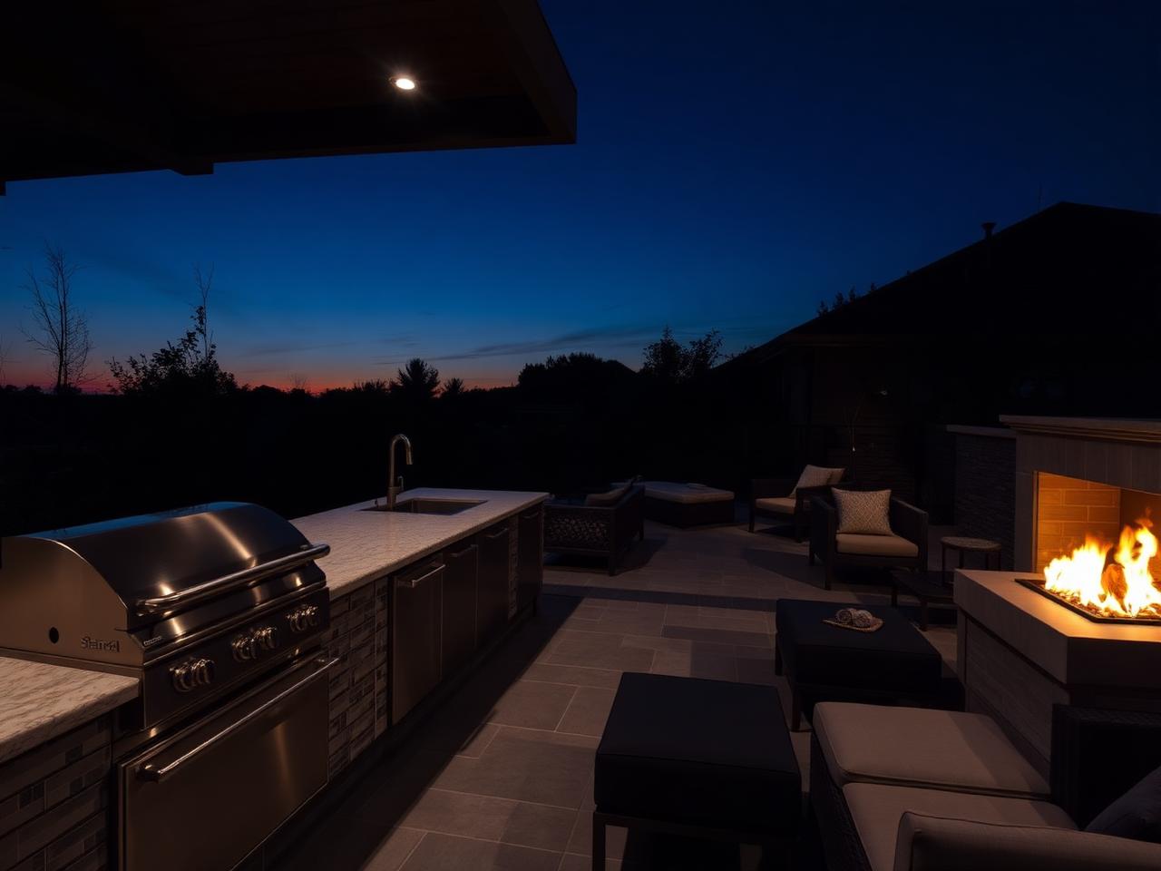Premium outdoor living space at dusk with a built-in outdoor kitchen and fire feature