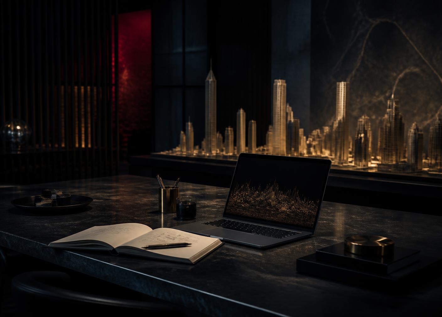 Dark executive workspace with a city model and gold performance data on screen